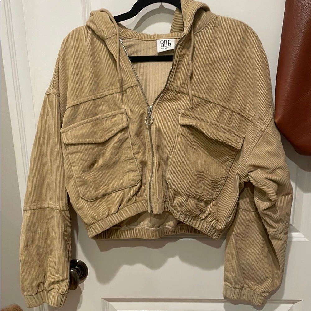 BDG Urban Outfitters Cropped Lime Green Corduroy Hooded Jacket